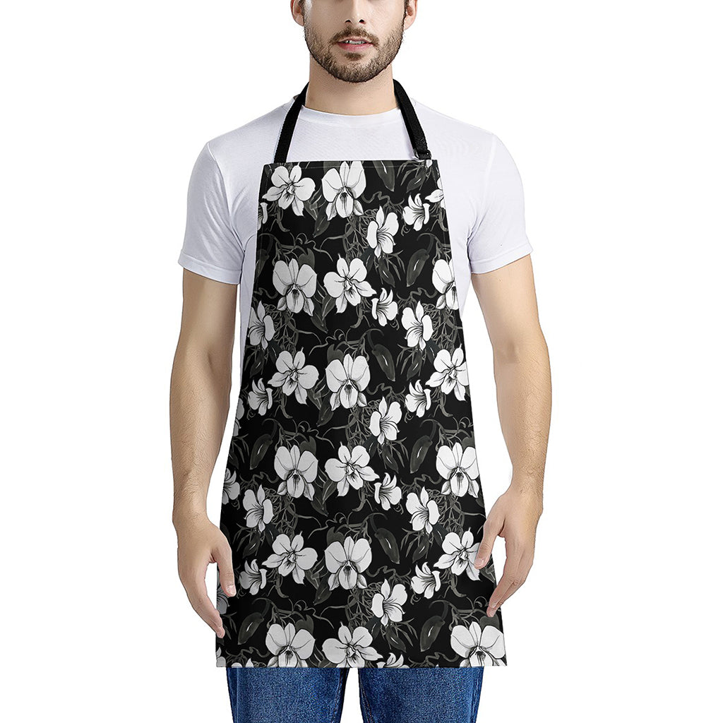 Black And White Cattleya Pattern Print Apron