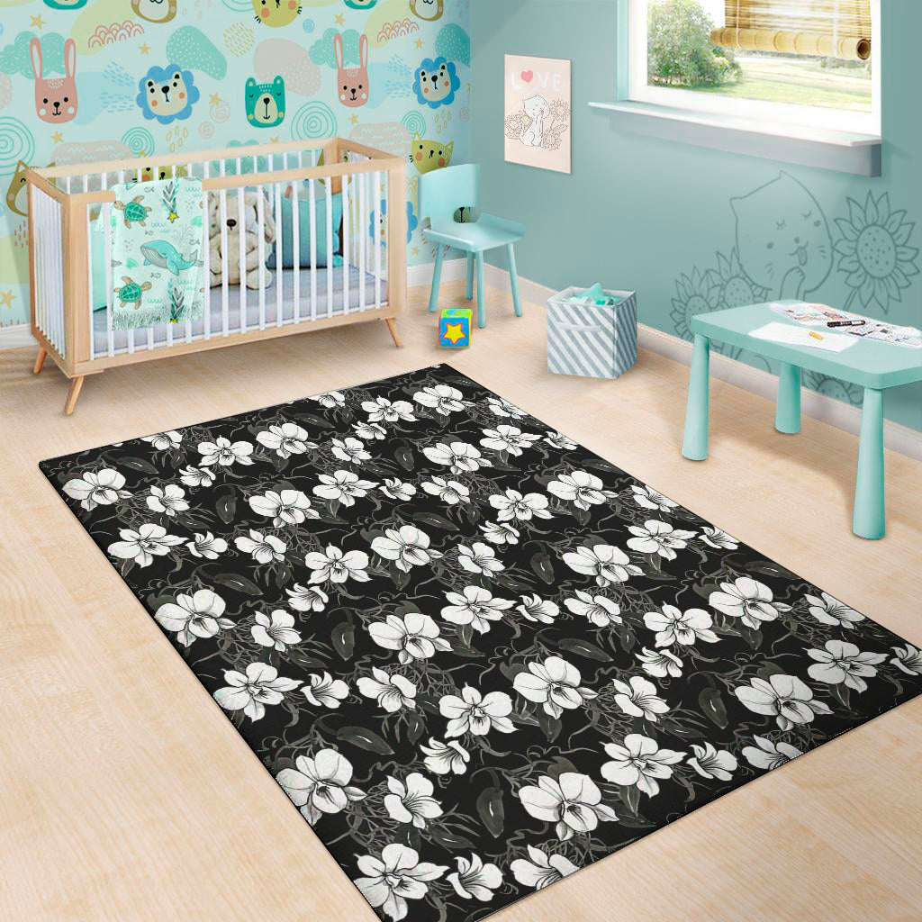 Black And White Cattleya Pattern Print Area Rug