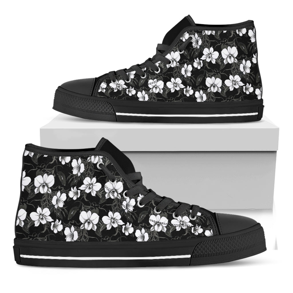 Black And White Cattleya Pattern Print Black High Top Shoes