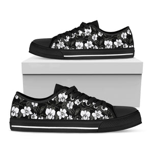 Black And White Cattleya Pattern Print Black Low Top Shoes