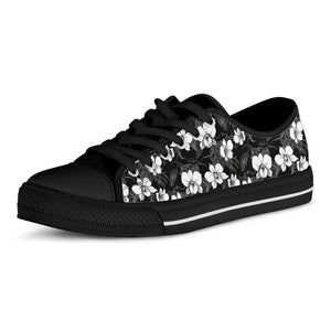 Black And White Cattleya Pattern Print Black Low Top Shoes