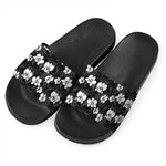 Black And White Cattleya Pattern Print Black Slide Sandals