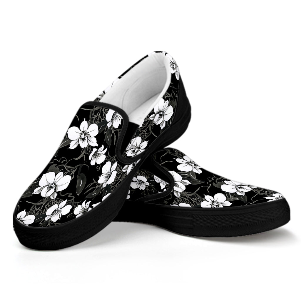 Black And White Cattleya Pattern Print Black Slip On Shoes