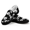 Black And White Cattleya Pattern Print Black Slip On Shoes