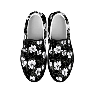 Black And White Cattleya Pattern Print Black Slip On Shoes