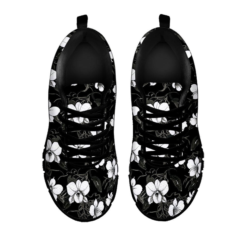 Black And White Cattleya Pattern Print Black Sneakers