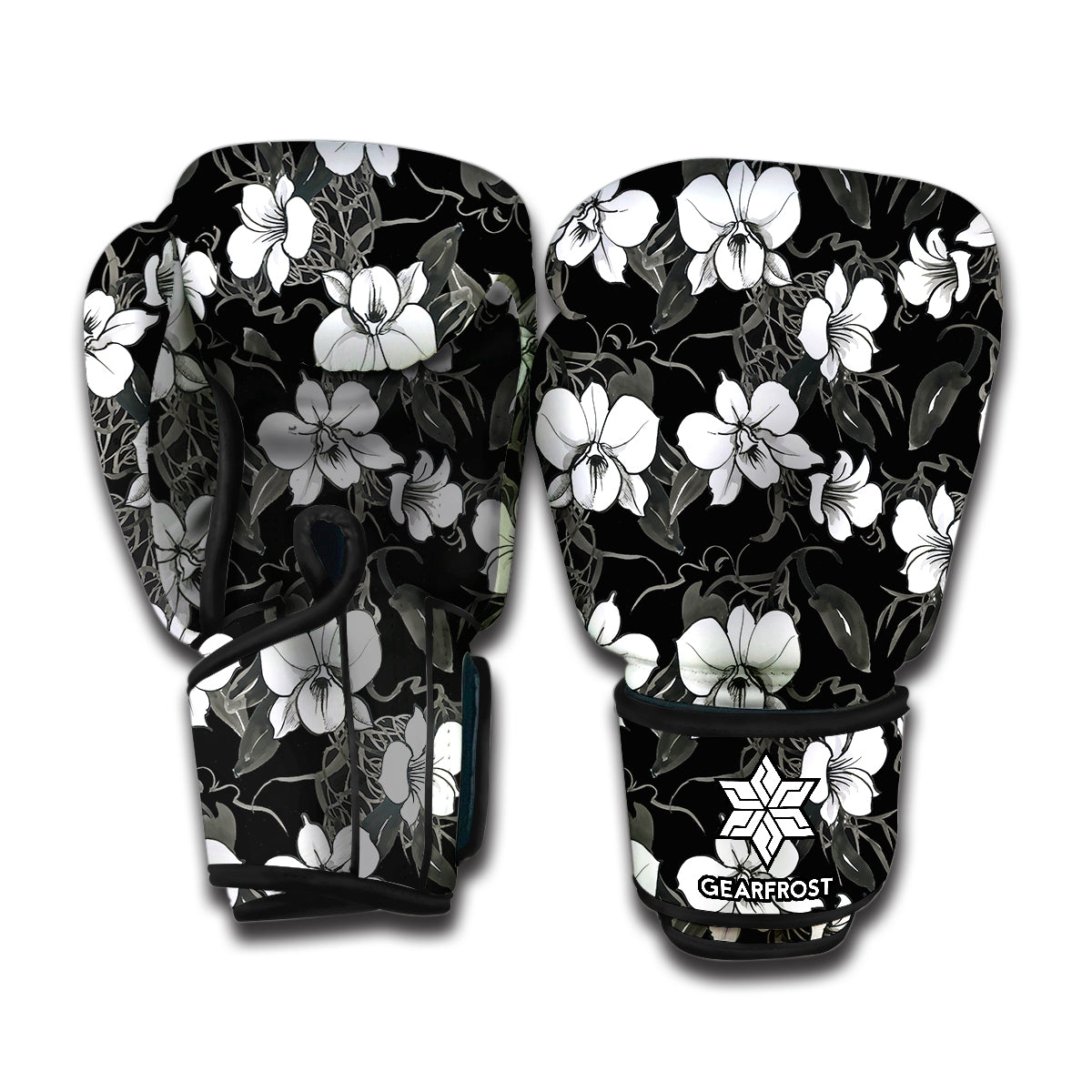 Black And White Cattleya Pattern Print Boxing Gloves