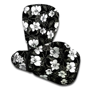 Black And White Cattleya Pattern Print Boxing Gloves