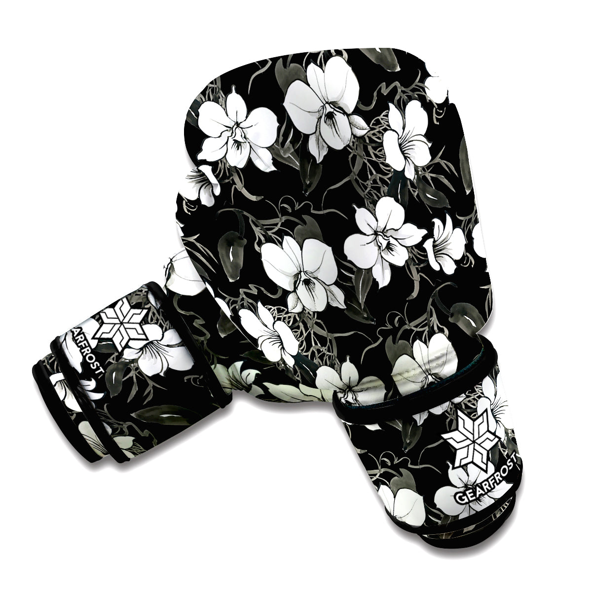 Black And White Cattleya Pattern Print Boxing Gloves