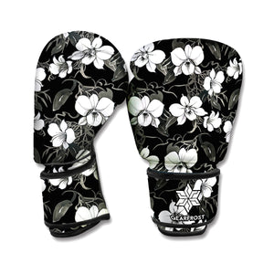 Black And White Cattleya Pattern Print Boxing Gloves