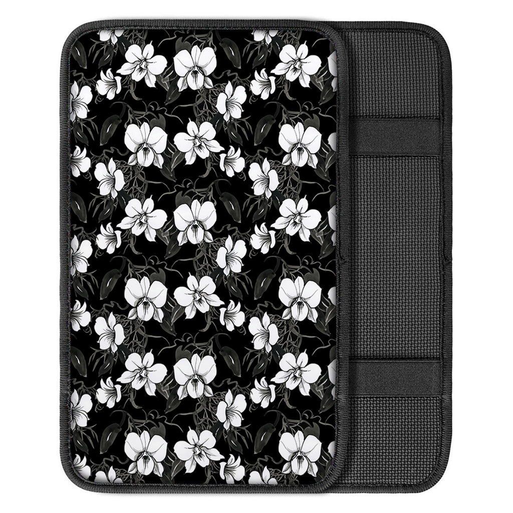 Black And White Cattleya Pattern Print Car Center Console Cover