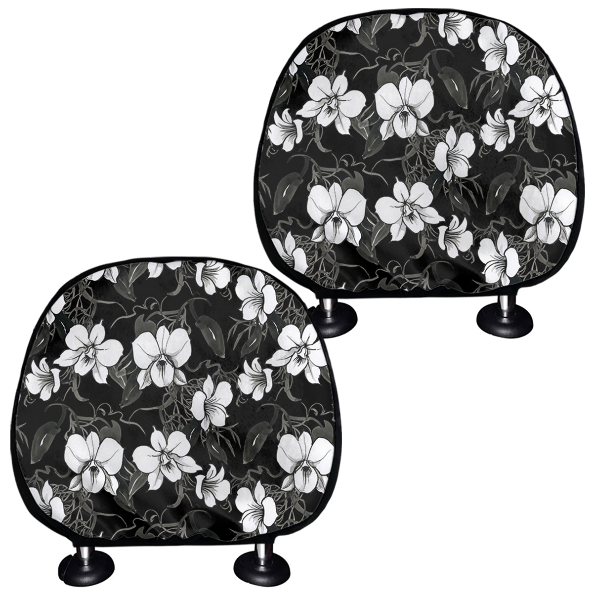 Black And White Cattleya Pattern Print Car Headrest Covers