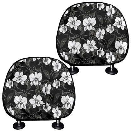 Black And White Cattleya Pattern Print Car Headrest Covers