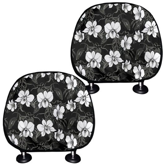 Black And White Cattleya Pattern Print Car Headrest Covers