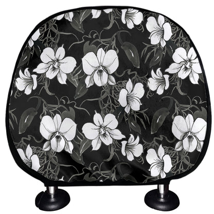 Black And White Cattleya Pattern Print Car Headrest Covers