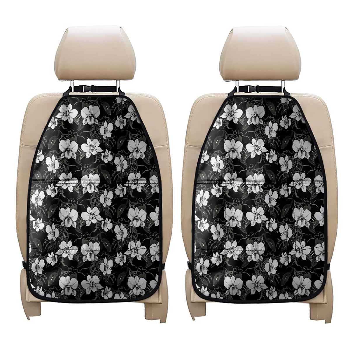 Black And White Cattleya Pattern Print Car Seat Organizers