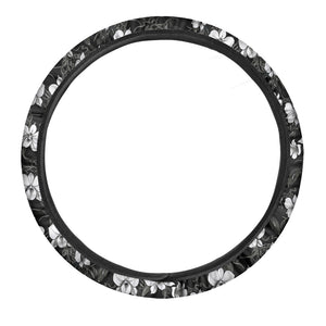 Black And White Cattleya Pattern Print Car Steering Wheel Cover