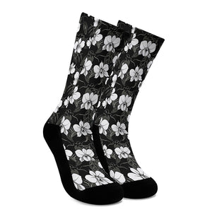 Black And White Cattleya Pattern Print Crew Socks