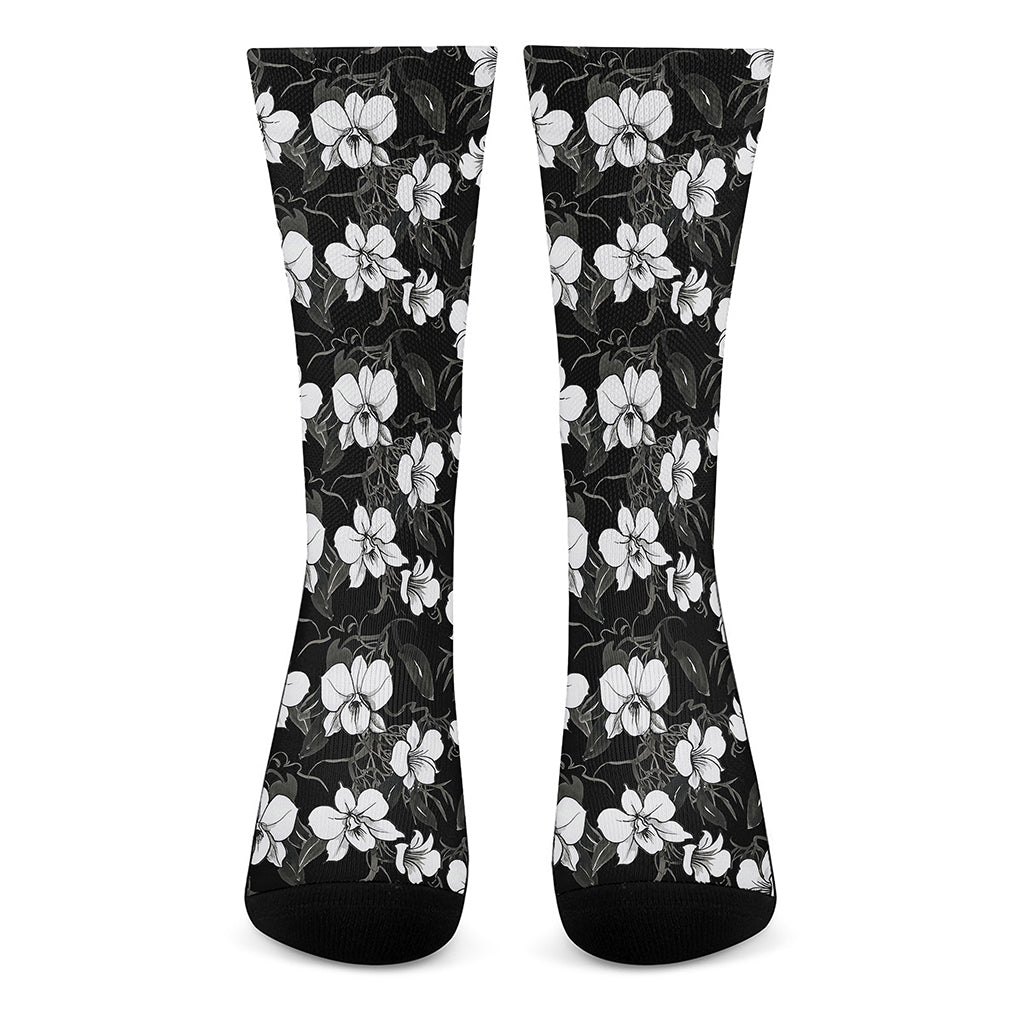 Black And White Cattleya Pattern Print Crew Socks