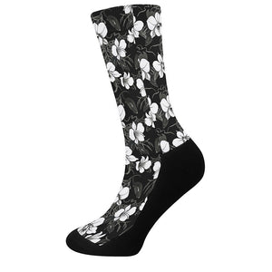 Black And White Cattleya Pattern Print Crew Socks