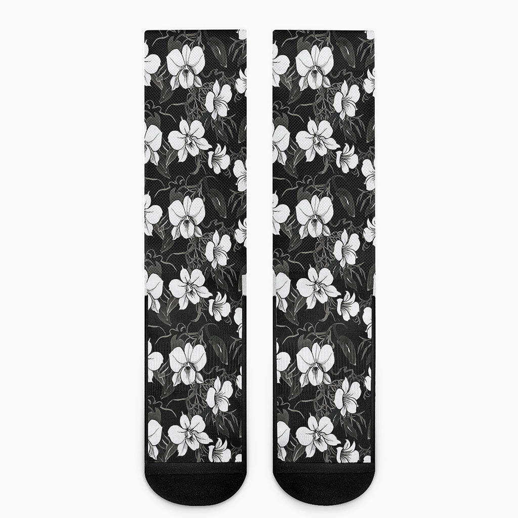 Black And White Cattleya Pattern Print Crew Socks