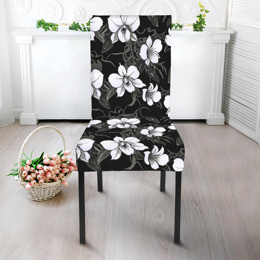 Black And White Cattleya Pattern Print Dining Chair Slipcover