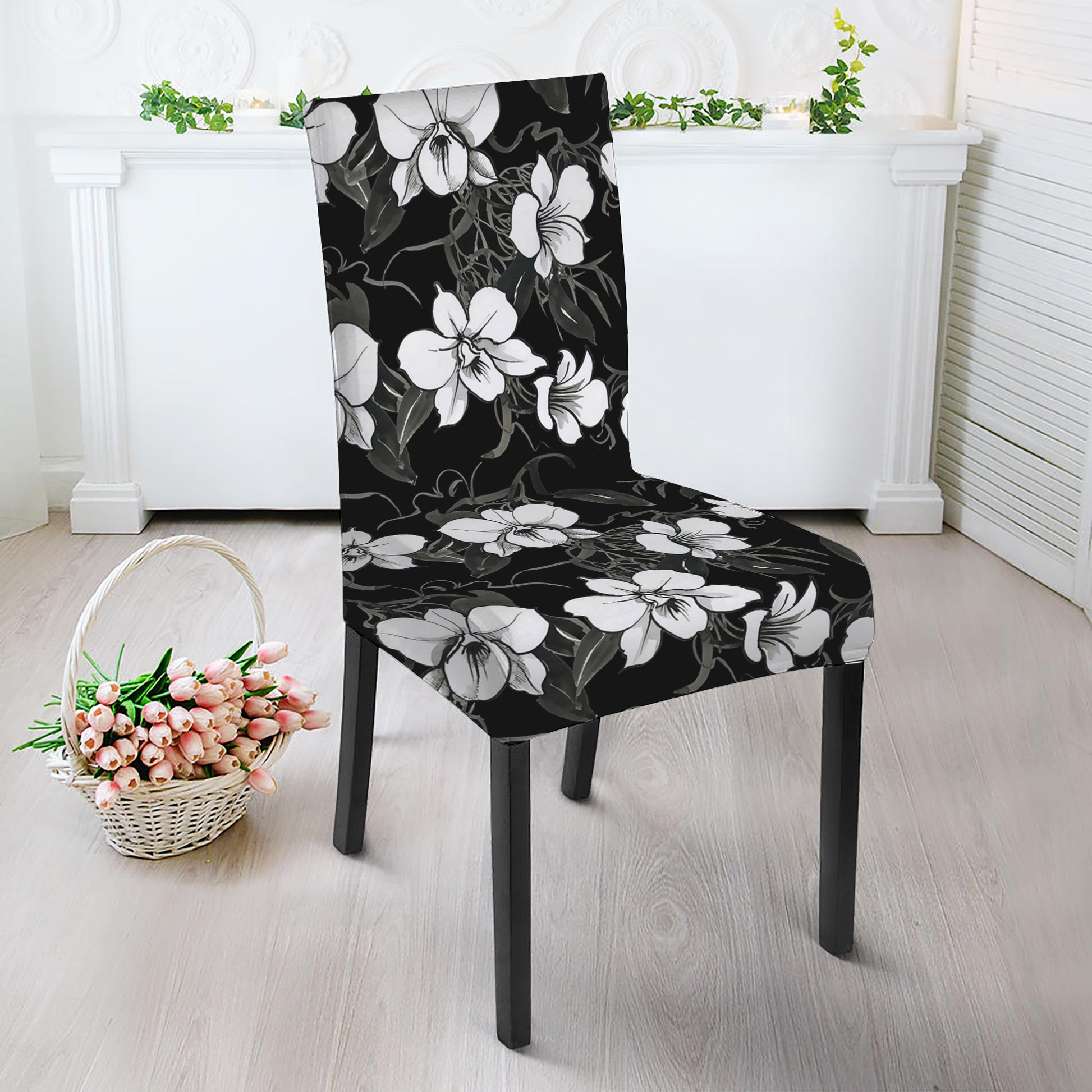 Black And White Cattleya Pattern Print Dining Chair Slipcover