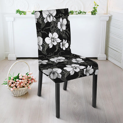Black And White Cattleya Pattern Print Dining Chair Slipcover