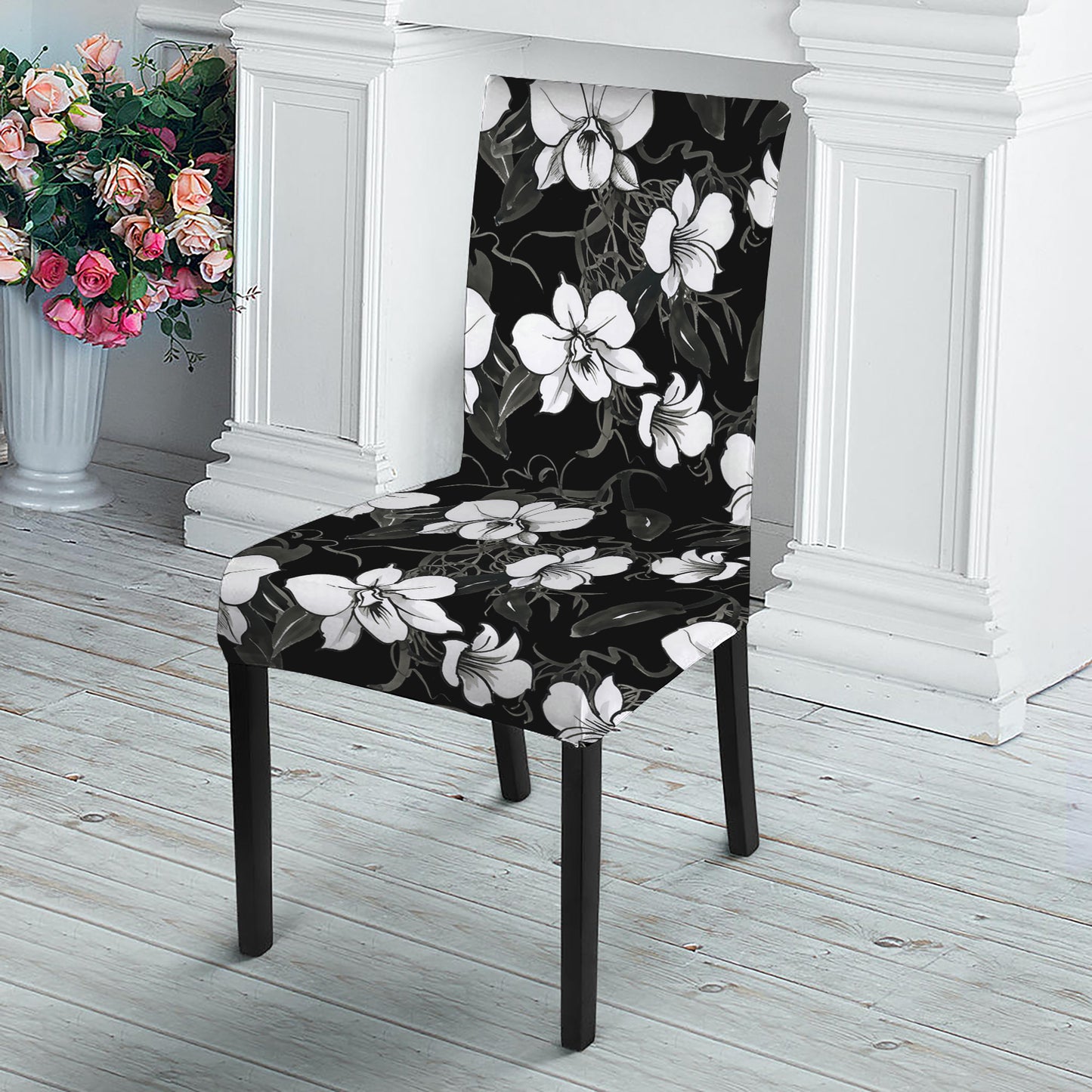 Black And White Cattleya Pattern Print Dining Chair Slipcover