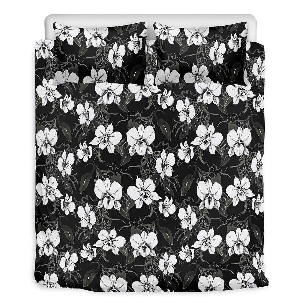 Black And White Cattleya Pattern Print Duvet Cover Bedding Set