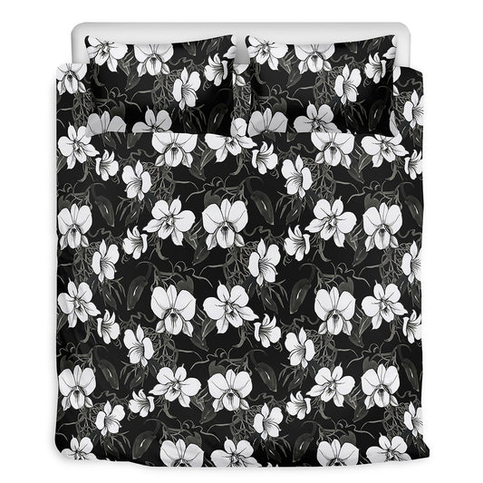 Black And White Cattleya Pattern Print Duvet Cover Bedding Set