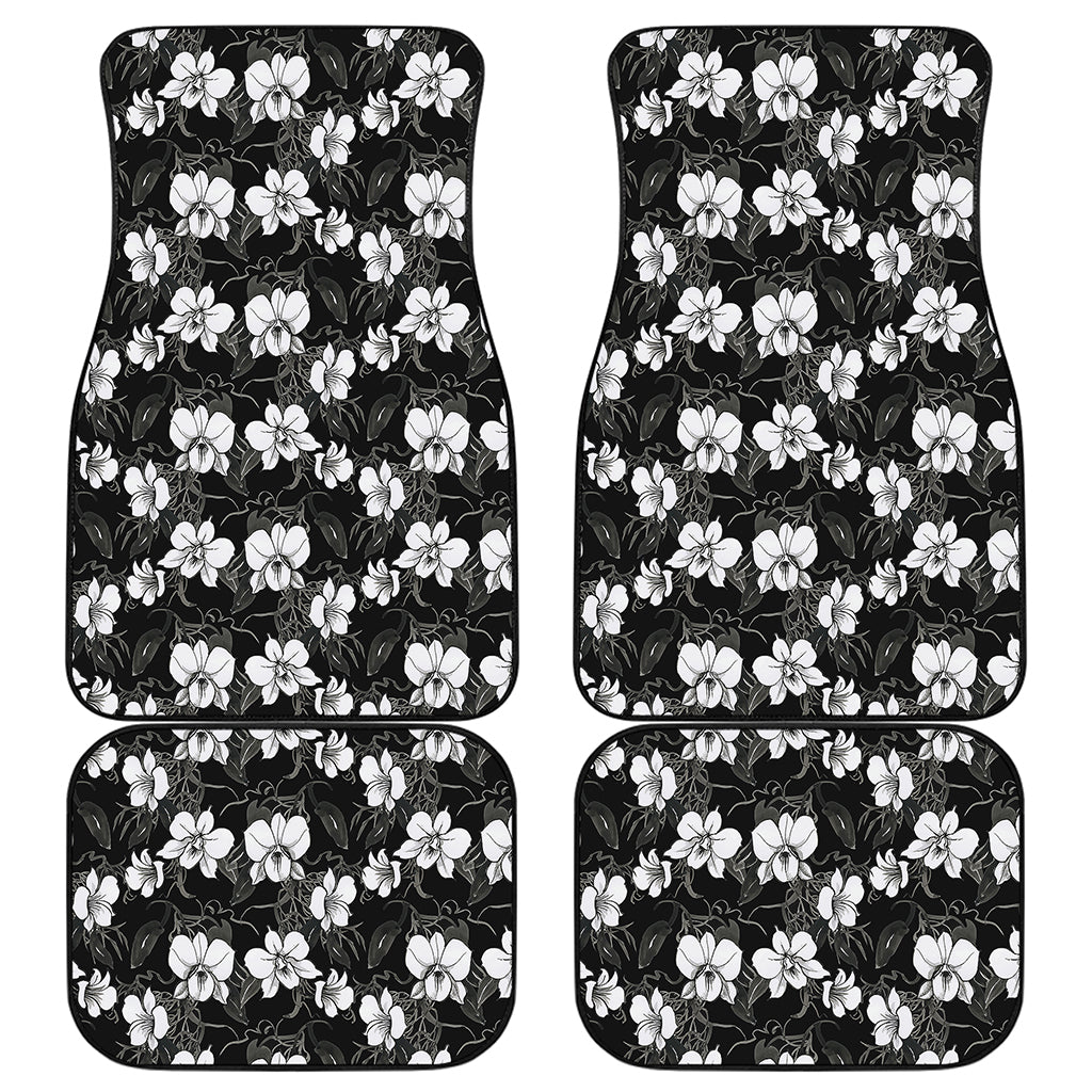 Black And White Cattleya Pattern Print Front and Back Car Floor Mats