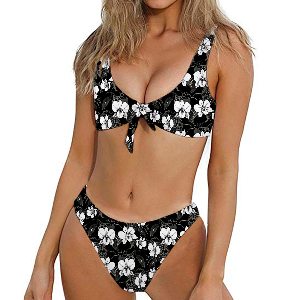 Black And White Cattleya Pattern Print Front Bow Tie Bikini