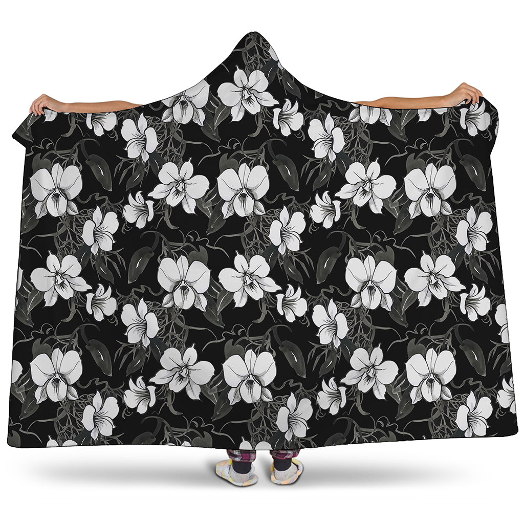 Black And White Cattleya Pattern Print Hooded Blanket