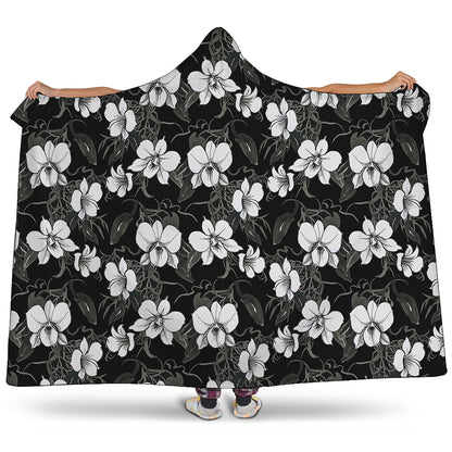 Black And White Cattleya Pattern Print Hooded Blanket
