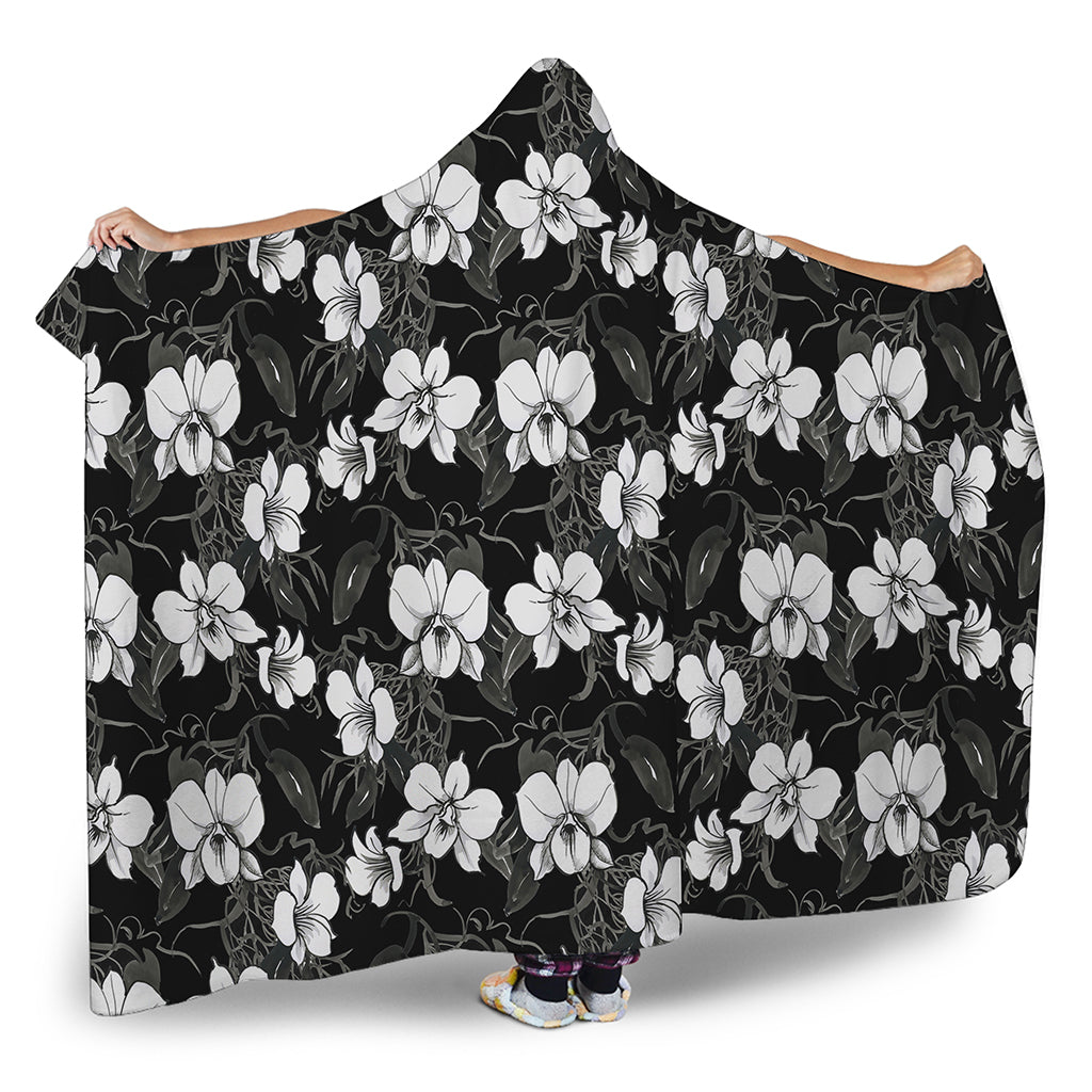 Black And White Cattleya Pattern Print Hooded Blanket