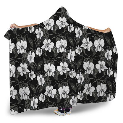 Black And White Cattleya Pattern Print Hooded Blanket