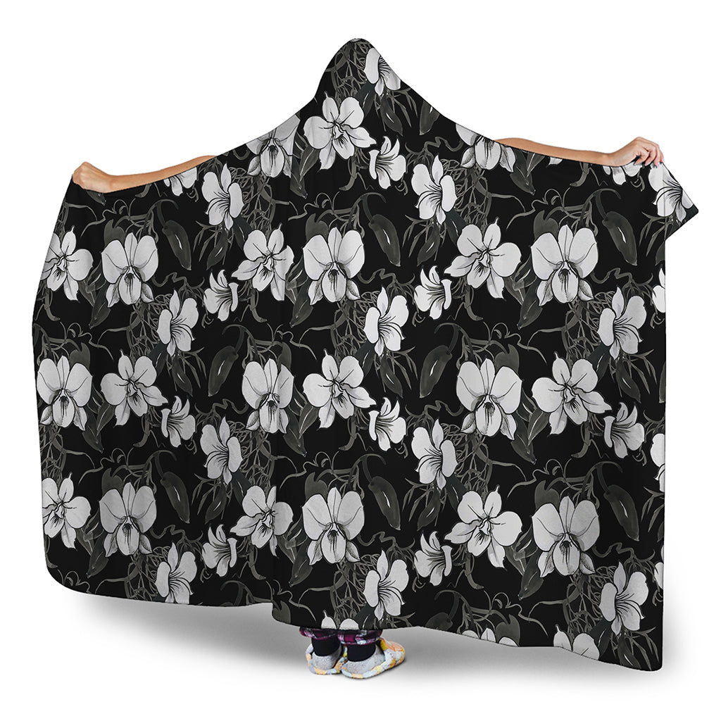 Black And White Cattleya Pattern Print Hooded Blanket