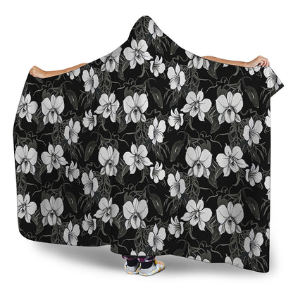 Black And White Cattleya Pattern Print Hooded Blanket