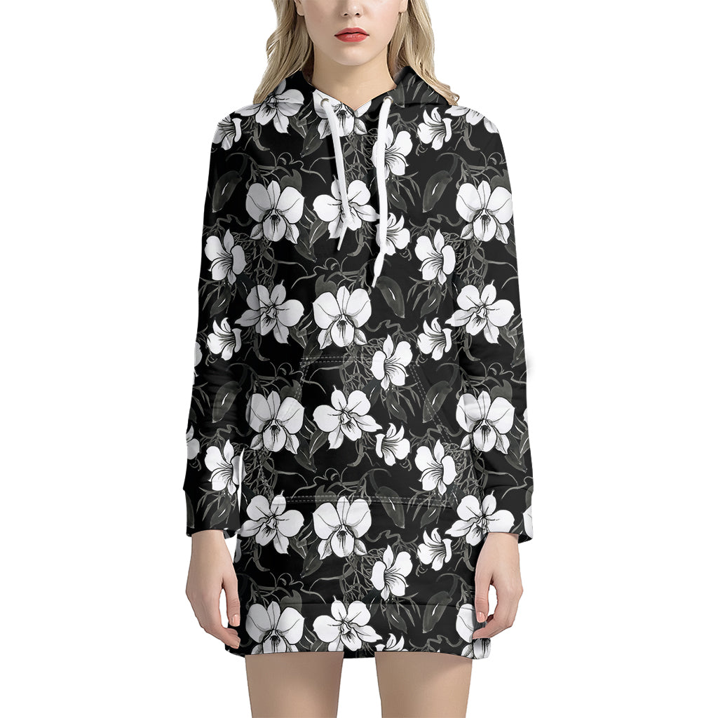 Black And White Cattleya Pattern Print Hoodie Dress