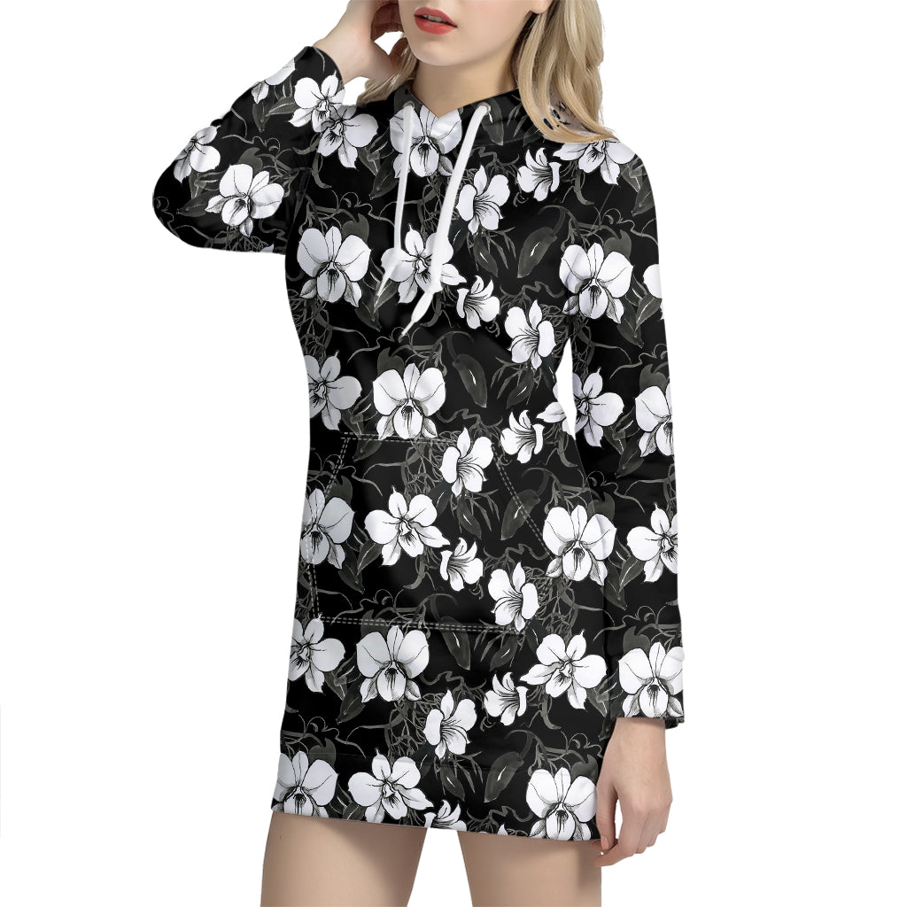 Black And White Cattleya Pattern Print Hoodie Dress