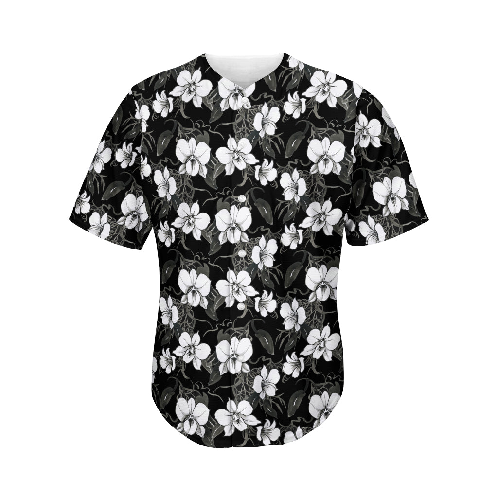 Black And White Cattleya Pattern Print Men's Baseball Jersey