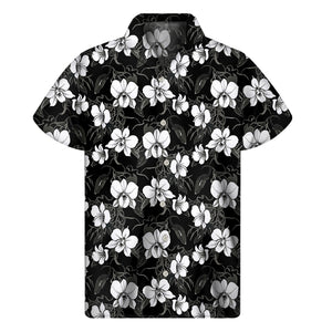 Black And White Cattleya Pattern Print Men's Short Sleeve Shirt