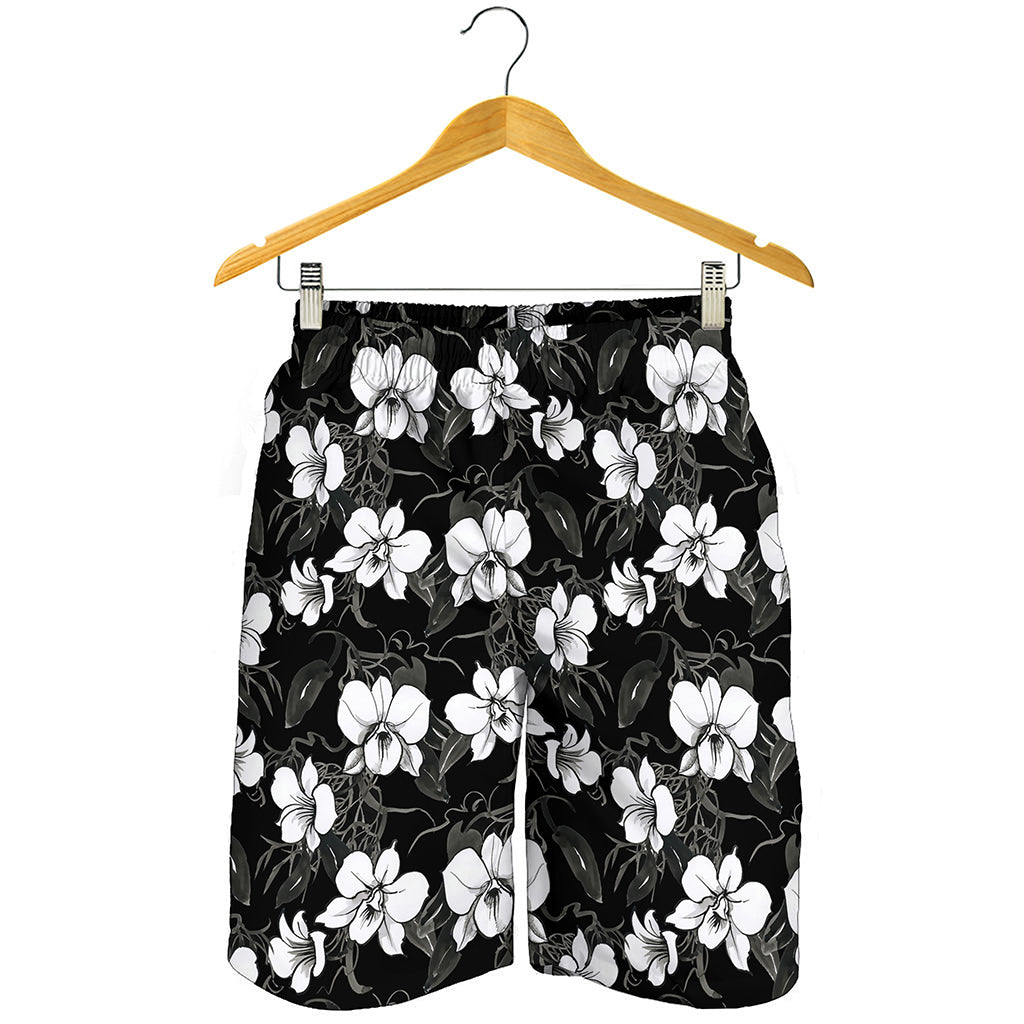 Black And White Cattleya Pattern Print Men's Shorts