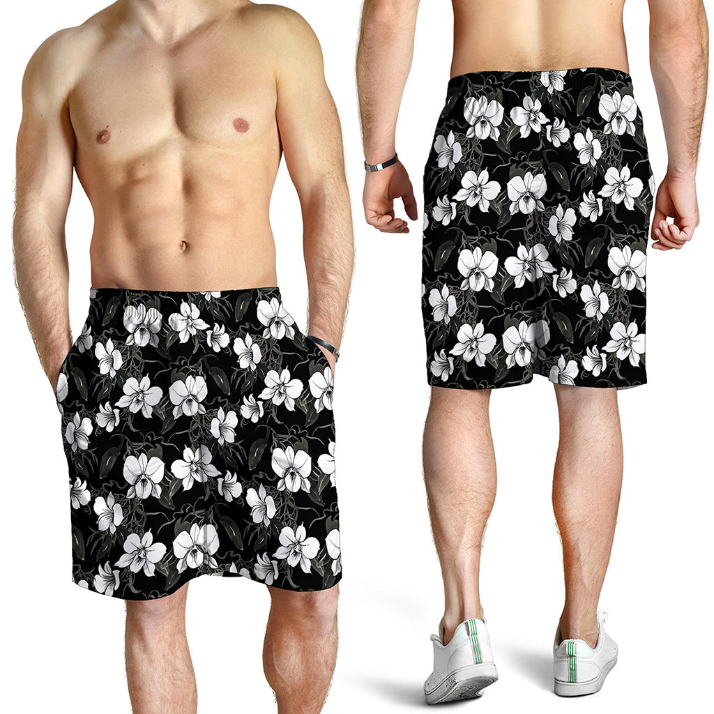 Black And White Cattleya Pattern Print Men's Shorts