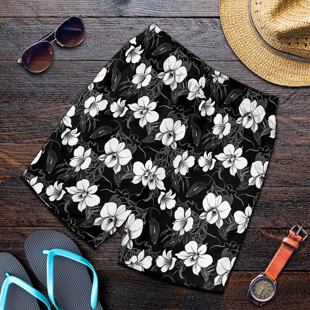 Black And White Cattleya Pattern Print Men's Shorts