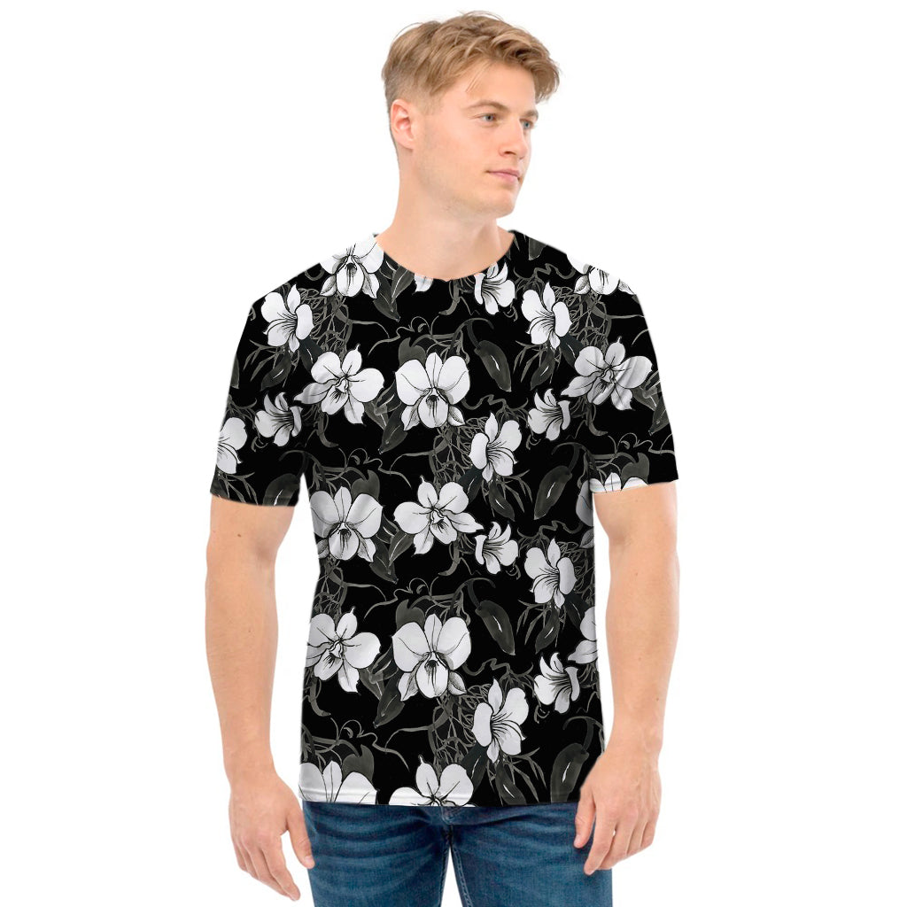 Black And White Cattleya Pattern Print Men's T-Shirt