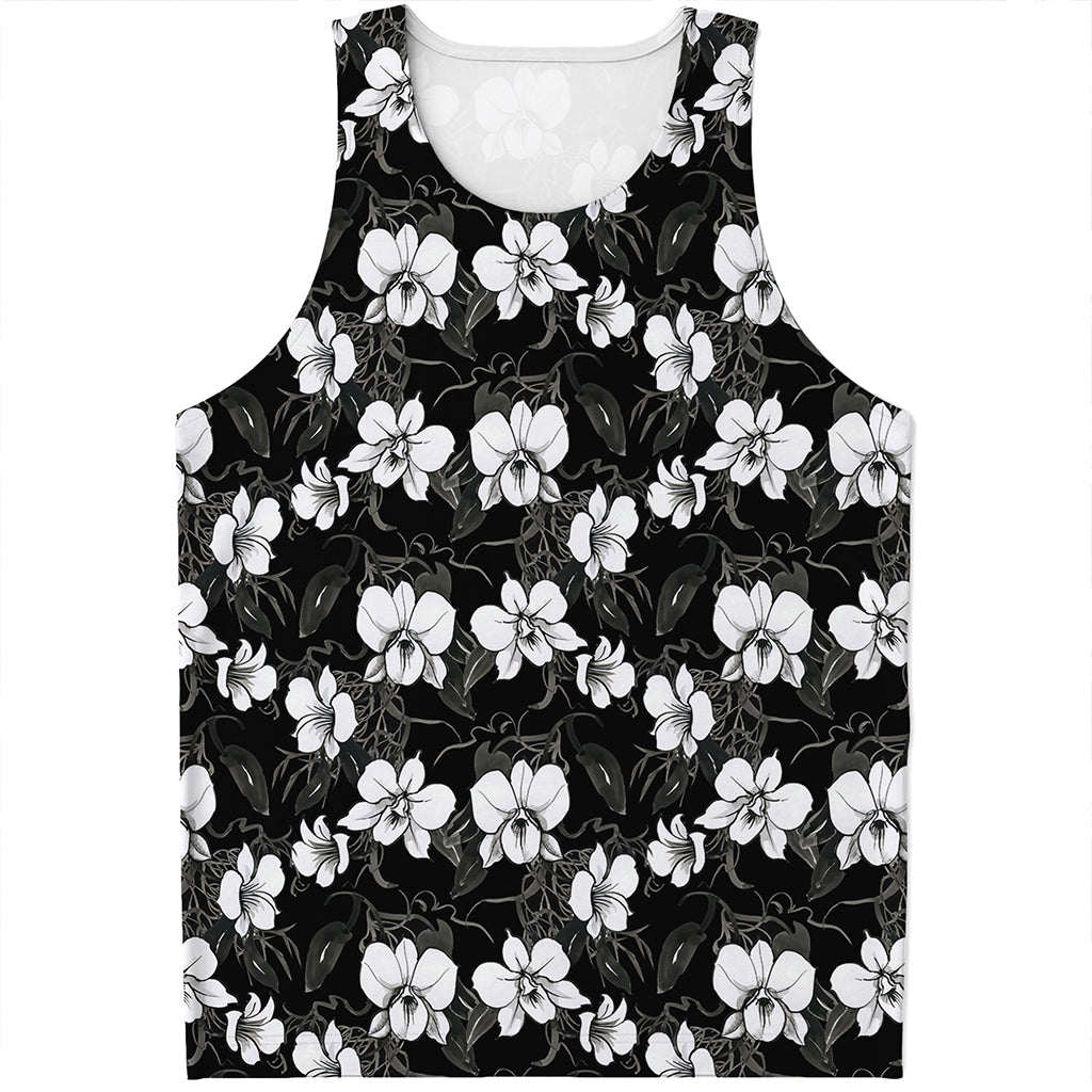 Black And White Cattleya Pattern Print Men's Tank Top