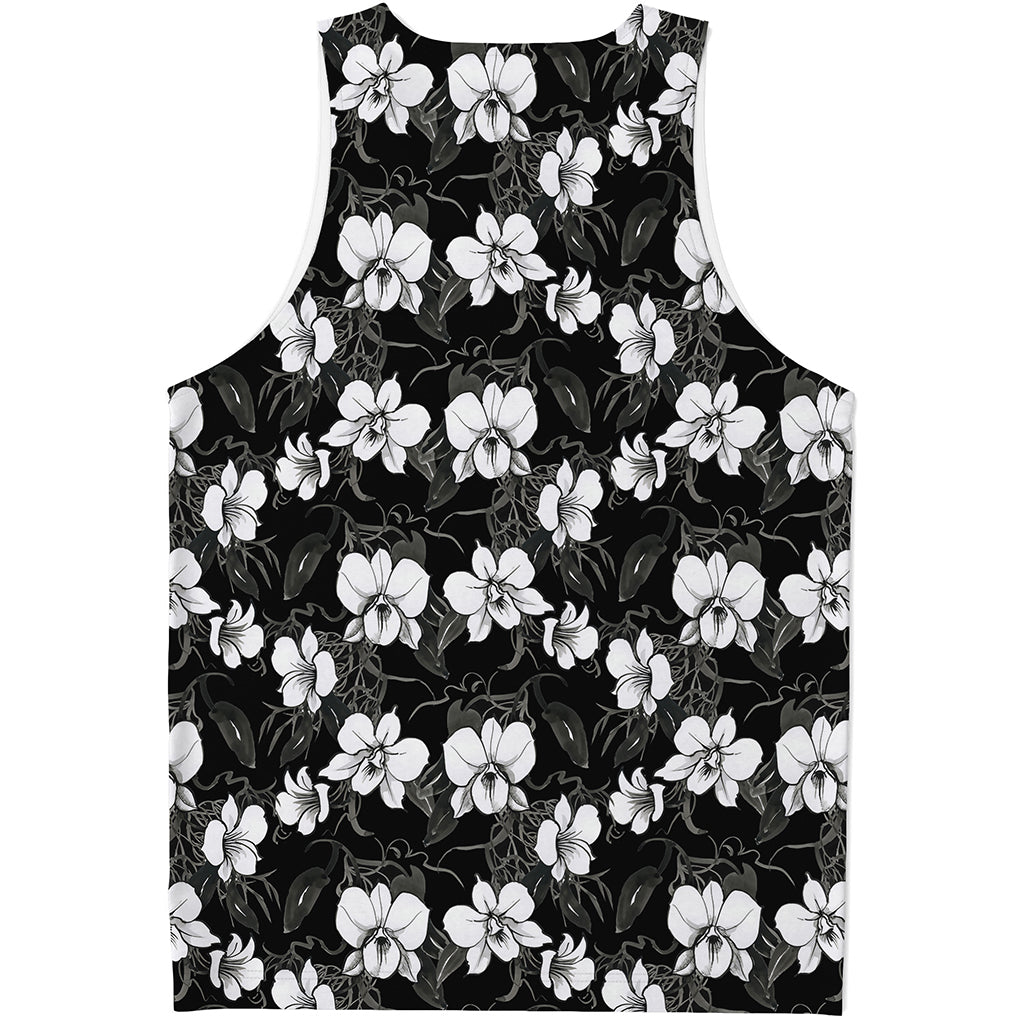 Black And White Cattleya Pattern Print Men's Tank Top