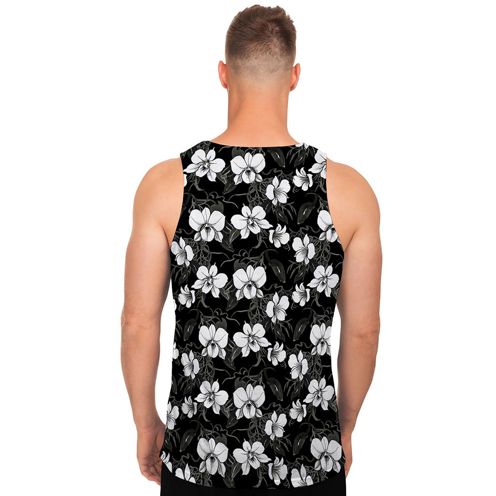 Black And White Cattleya Pattern Print Men's Tank Top